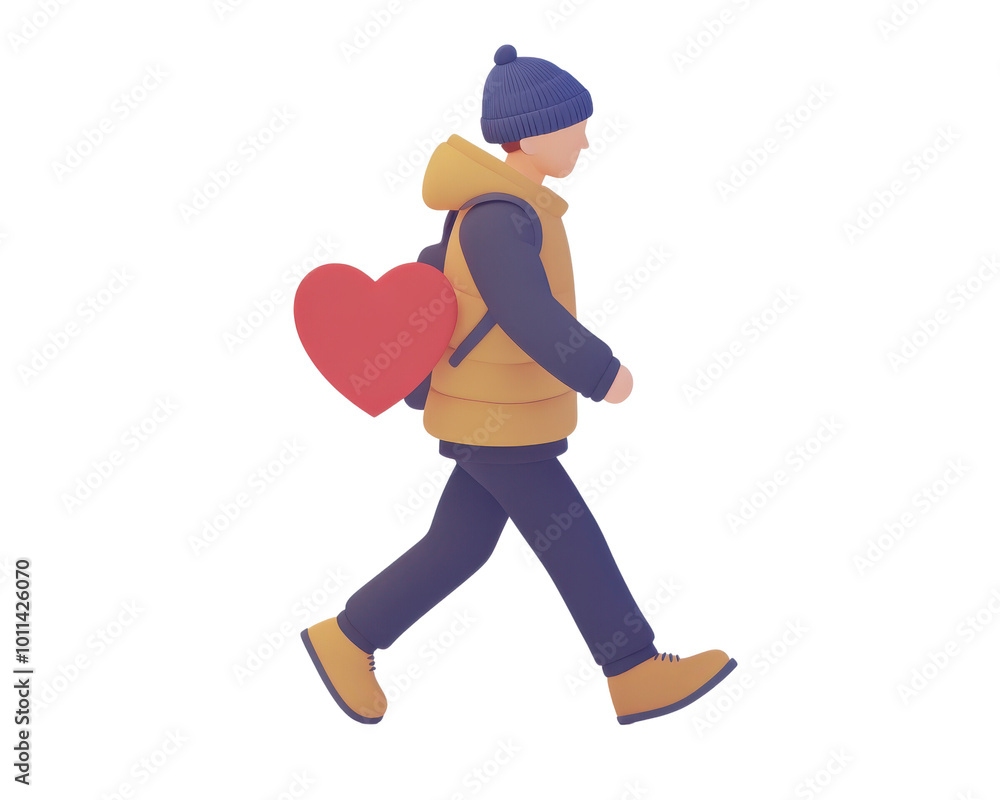 Person walking with heart-shaped backpack, white isolate background Person walking with heart-shaped backpack, white isolate background
