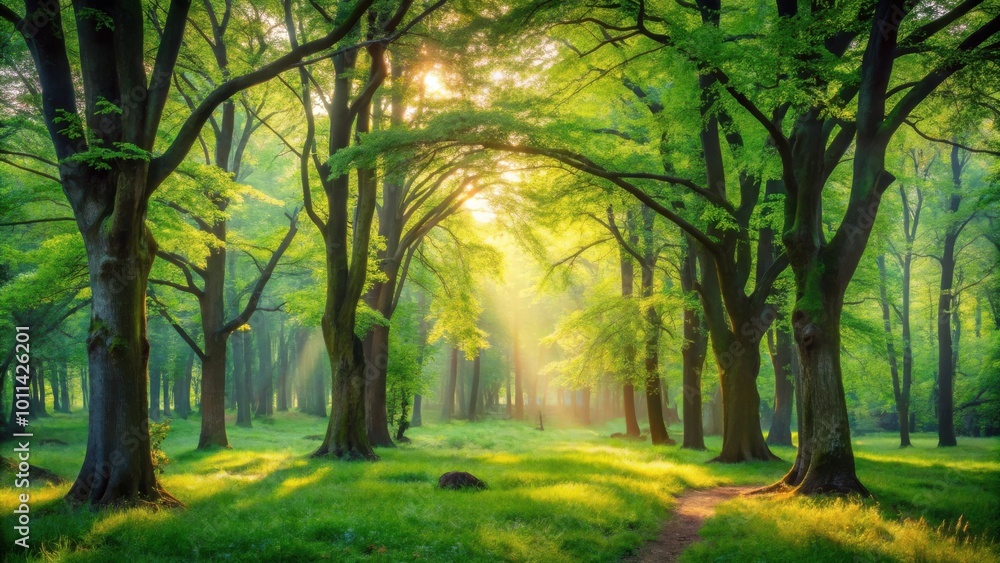 Fototapeta premium Tranquil forest scene with swaying trees and warm greens, peaceful nature