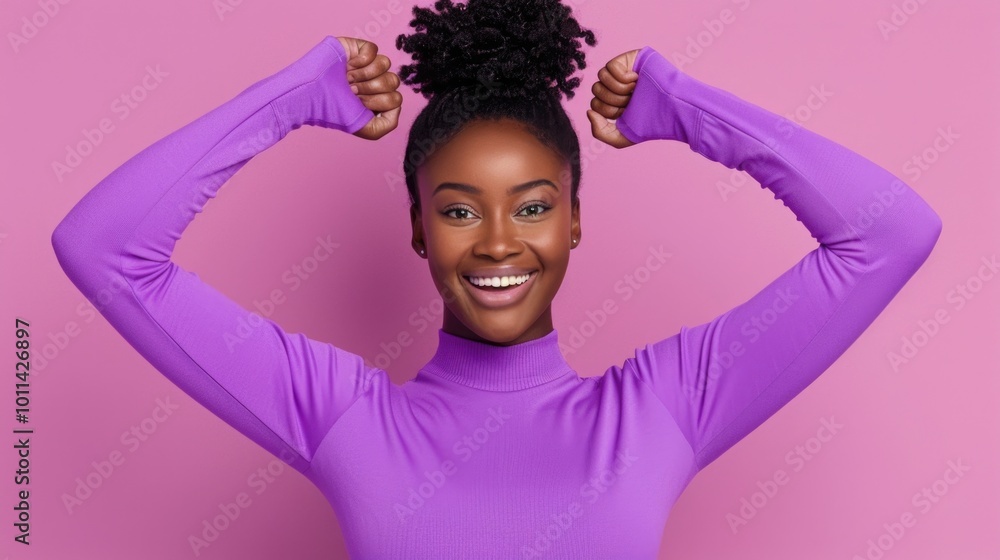 Smiling woman in purple top posing with confidence against pink background. Smiling woman in purple top posing with confidence against pink background.