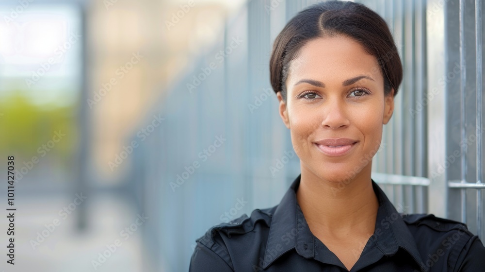 Confident young woman smiling in urban setting wearing black shirt near metal fence. Confident young woman smiling in urban setting wearing black shirt near metal fence.