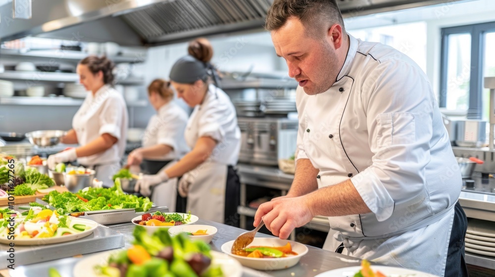 Professional chefs preparing dishes in a busy modern kitchen. Professional chefs preparing dishes in a busy modern kitchen.