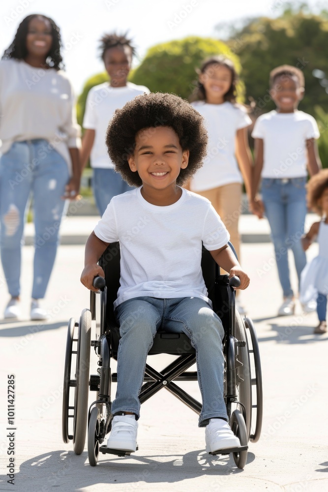 Smiling boy in wheelchair with diverse family enjoying outdoor time together. Smiling boy in wheelchair with diverse family enjoying outdoor time together.