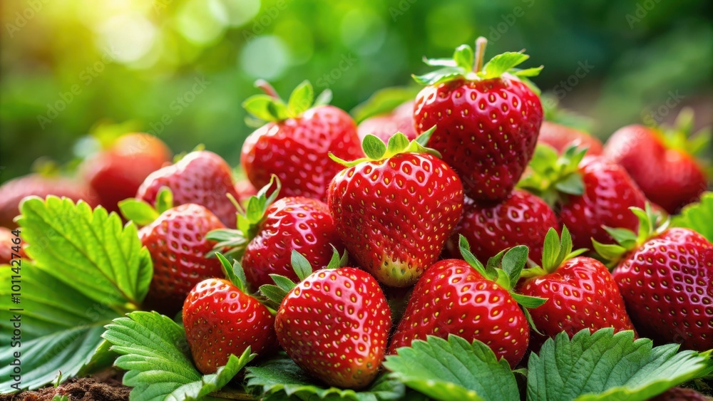 Vibrant red strawberries with fresh green leaves in a natural setting Vibrant red strawberries with fresh green leaves in a natural setting