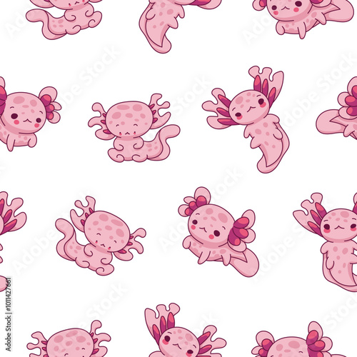 Cute axolotl character. Seamless pattern. Kawaii ambystoma amphibian different poses. Vector drawing. Design ornaments.