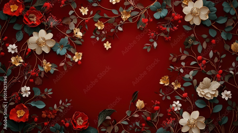 Golden Thai floral pattern on a deep red silk background Golden Thai floral pattern on a deep red silk background