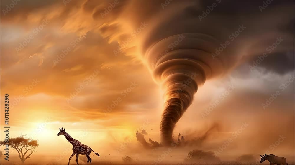A dramatic scene featuring a giraffe walking in a landscape with a tornado and a colorful sky at sunset. A dramatic scene featuring a giraffe walking in a landscape with a tornado and a colorful sky at sunset.