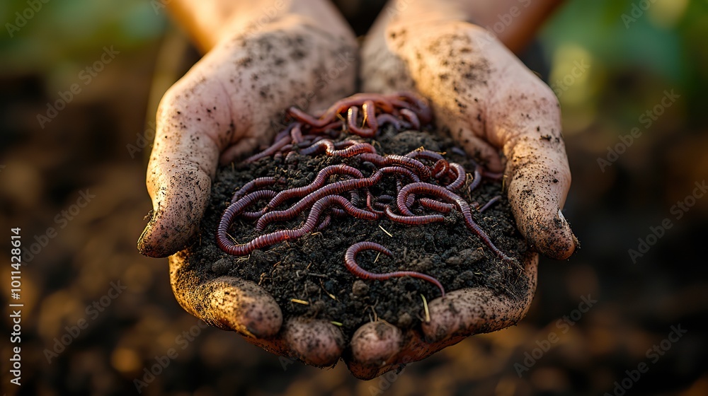 a pair of human hands gently cradling cluster of active earthworms amidst rich dark fertile soil symbolizing sustainable agriculture ,soil health a pair of human hands gently cradling cluster of active earthworms amidst rich dark fertile soil symbolizing sustainable agriculture ,soil health