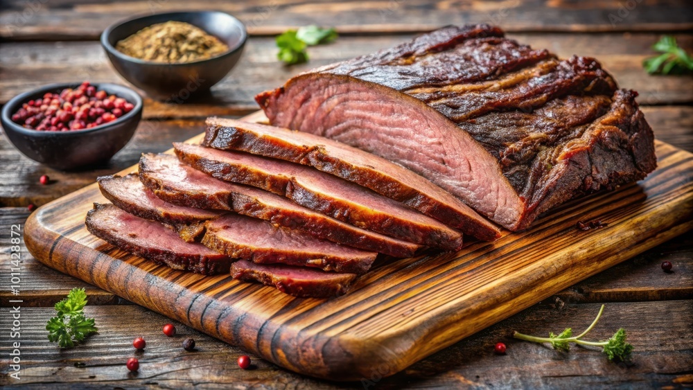 Sliced marble beef brisket on rustic wooden background for food photography and menu design Sliced marble beef brisket on rustic wooden background for food photography and menu design