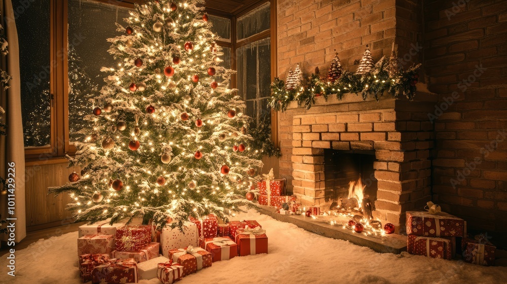 Inside a snow-covered home with a chimney, a Christmas tree is decked out in ornaments and lights, with gifts arranged below, creating a perfect holiday atmosphere. Inside a snow-covered home with a chimney, a Christmas tree is decked out in ornaments and lights, with gifts arranged below, creating a perfect holiday atmosphere.