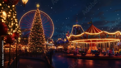 The amusement park is transformed into a holiday wonderland with a sparkling Christmas tree, a brightly lit Ferris wheel, and a colorful carousel adding to the festive charm.