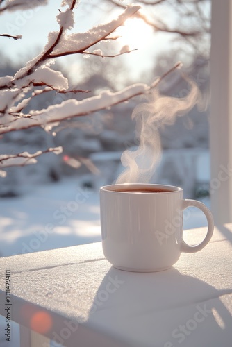 Steaming Mug of Coffee on a Snowy Winter Morning, Perfect for Warming Up on a Cold Day.