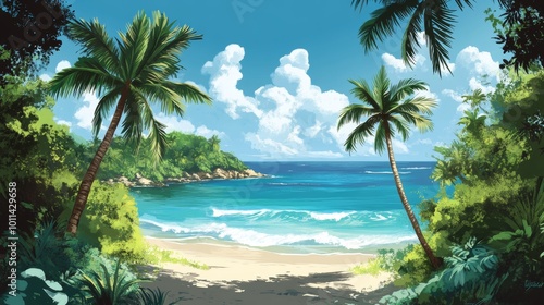 Tropical Paradise with Palm Trees and Blue Ocean