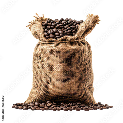 Burlap sack filled with roasted coffee beans photo