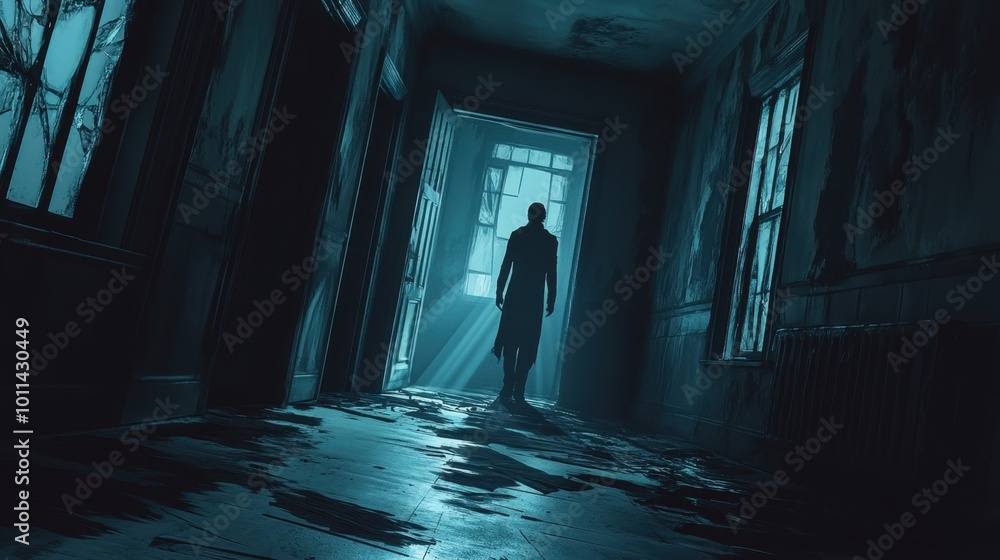 A cartoon scene of a mysterious figure standing at the end of a dark hallway in an abandoned house, with broken windows and torn curtains A cartoon scene of a mysterious figure standing at the end of a dark hallway in an abandoned house, with broken windows and torn curtains