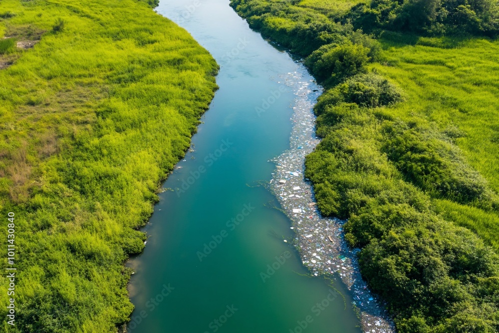 Aerial view of a river surrounded by greenery and litter. Aerial view of a river surrounded by greenery and litter.