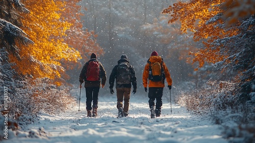 a rear view of group of young friends on walk outdoors in snow in winter forest
