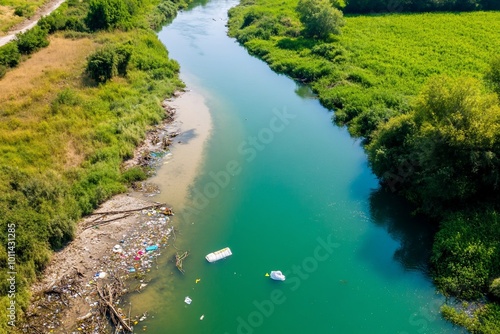 Aerial view of a river with visible pollution and surrounding greenery.