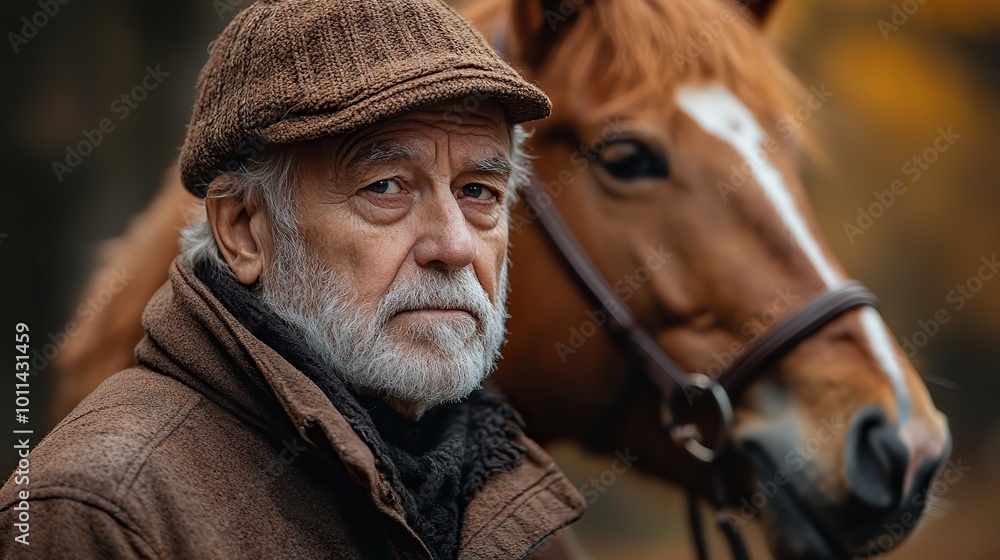 a senior man standing close to horse outdoors in nature holding it a senior man standing close to horse outdoors in nature holding it