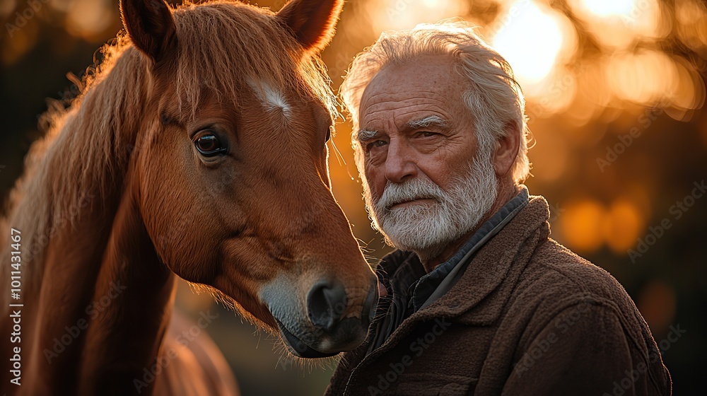 a senior man standing close to horse outdoors in nature holding it a senior man standing close to horse outdoors in nature holding it