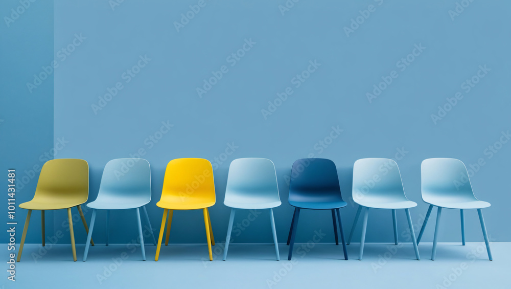 Obraz premium Seven empty chairs in different colors are lined up against a blue wall, representing concepts of diversity, inclusion, and waiting