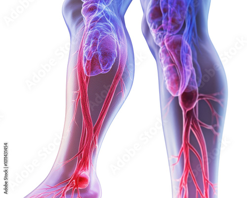 Anatomical illustration of a human leg with vascular system. photo