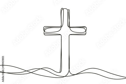 drawing with one black line on a white background depicting a cross, a crucifixion.