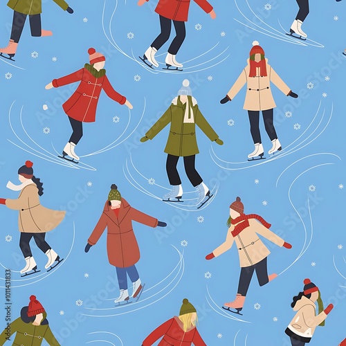 Seamless winter ice skating pattern with cozy clothes and snowflakes