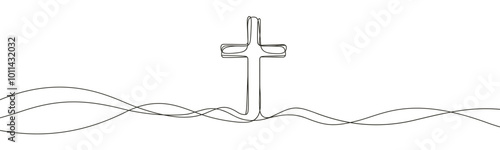 drawing with one black line on a white background depicting a cross, a crucifixion.