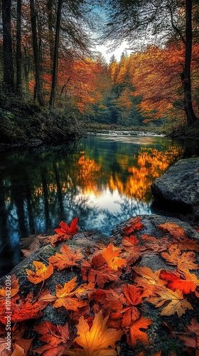 A serene autumn scene with vibrant orange leaves on rocks by a calm river, reflecting colorful trees. Generated AI.