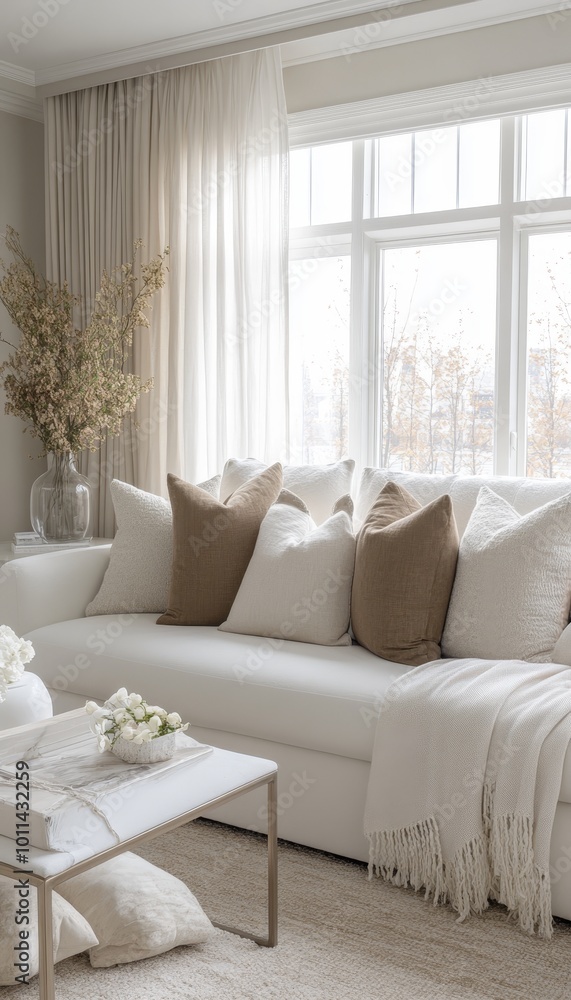 Cozy and bright living room interior with white sofa, throw pillows, and large windows. Cozy and bright living room interior with white sofa, throw pillows, and large windows.