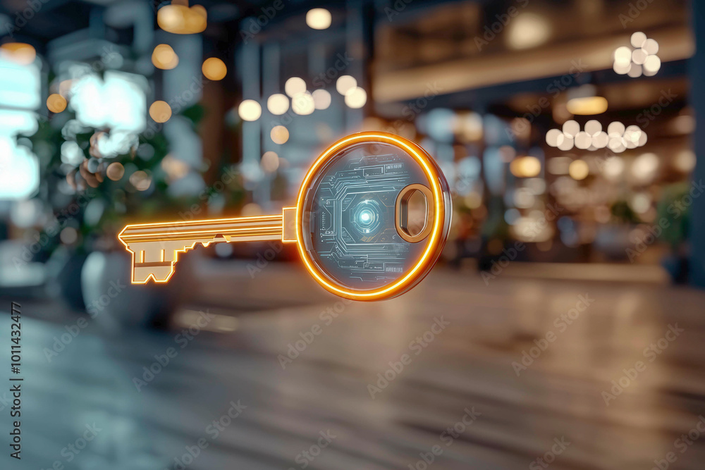 Neon glowing key with holographic circuit that unlocks virtual doors in a modern high-tech environment. The glowing design conveys cutting-edge accessibility, digital transformation.