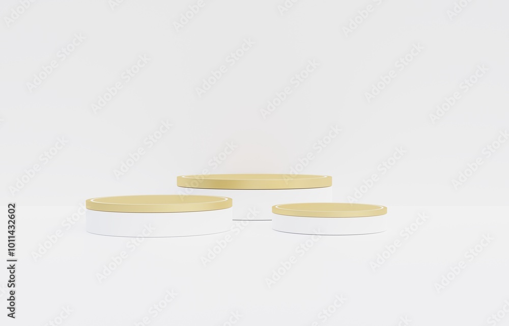 Gold and white cylindrical podium white background For displaying premium product advertisements, 3D renderings Gold and white cylindrical podium white background For displaying premium product advertisements, 3D renderings