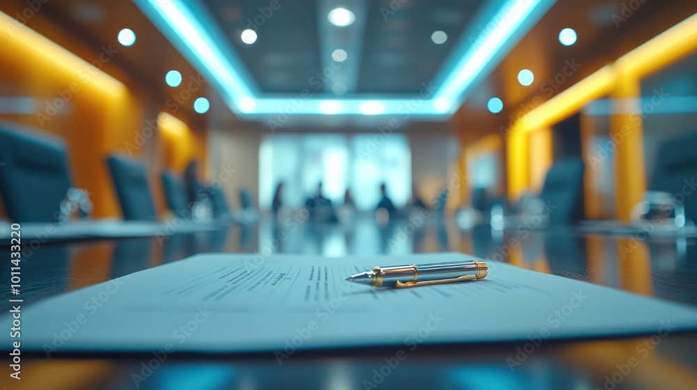 A pen rests on a contract on a boardroom table, with a blurred meeting in the background. A pen rests on a contract on a boardroom table, with a blurred meeting in the background.