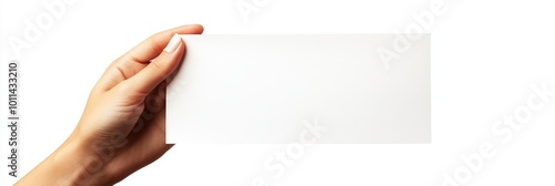 Womans Hand Holding a Blank White Card or Sign, Isolated on a White Background With Copy Space