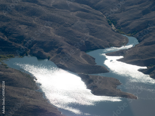Lake Mead, Nevada, USA seen from a helicopter..Lake Mead is a lake on the Colorado River, about 24 mi 39 km from the Las Vegas Strip