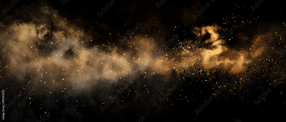 Dark abstract background with grey swirl of smoke, golden dust, shimmer, particles. Steam effect. Smoky, sparkling, stardust. Generative ai Dark abstract background with grey swirl of smoke, golden dust, shimmer, particles. Steam effect. Smoky, sparkling, stardust. Generative ai