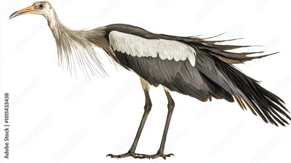 secretary bird is poised elegantly, with its long legs firmly planted. Its distinctive head feathers cascade down its neck, highlighting its unique appearance in a clear, bright setting. secretary bird is poised elegantly, with its long legs firmly planted. Its distinctive head feathers cascade down its neck, highlighting its unique appearance in a clear, bright setting.