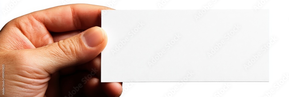 Obraz premium Close-up of Hand Holding An Empty White Business Card, Isolated On White Background With Copy Space