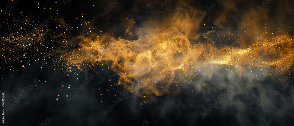 Obraz premium Dark abstract background with grey swirl of smoke, golden dust, shimmer, particles. Steam effect. Smoky, sparkling, stardust. Generative ai