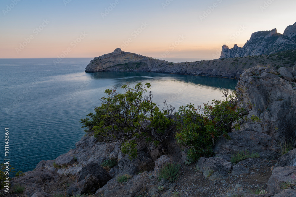 Fototapeta premium May twilight on the Black Sea coast. View of Cape Kapchik. Novyi Svet, Crimea