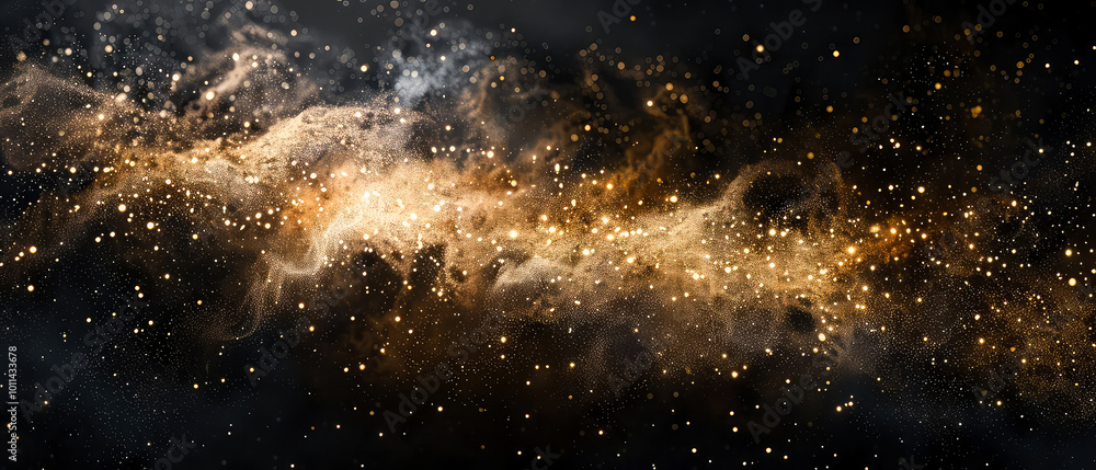 Dark glittering background with grey swirl of smoke, golden dust, shimmer, particles. Stardust. Steam effect. Smoky, sparkling. Generative ai Dark glittering background with grey swirl of smoke, golden dust, shimmer, particles. Stardust. Steam effect. Smoky, sparkling. Generative ai