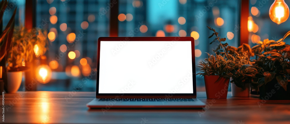 modern laptop with blank screen on a table in a smart city office setting with blurred background modern laptop with blank screen on a table in a smart city office setting with blurred background