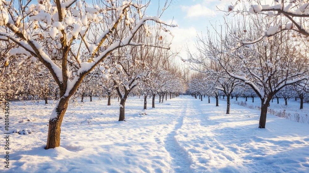 Snow covered orchard trees in winter with bright sunshine and blue sky. Beautiful nature scenery of frost and winter landscape. Snow covered orchard trees in winter with bright sunshine and blue sky. Beautiful nature scenery of frost and winter landscape.