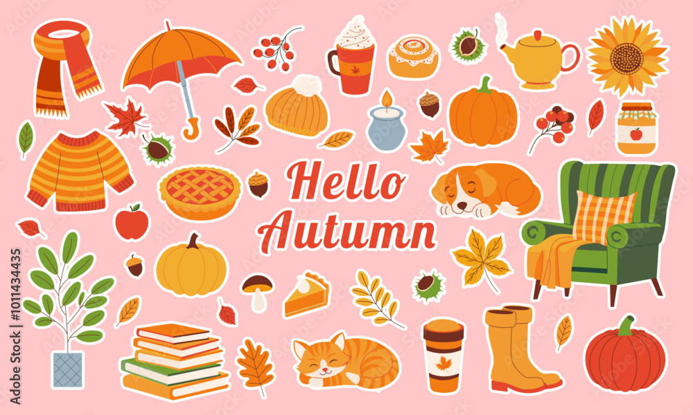 A colorful sticker sheet with various fall-themed items such as pumpkins, apples, and a cat. The sheet is titled A colorful sticker sheet with various fall-themed items such as pumpkins, apples, and a cat. The sheet is titled