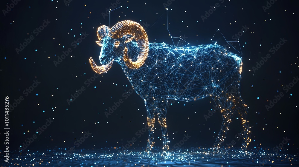 A futuristic luminescent digital rendering of a ram, styled in intricate blue and orange wireframe with a cosmic background, evoking a feeling of digital ethereal elegance. A futuristic luminescent digital rendering of a ram, styled in intricate blue and orange wireframe with a cosmic background, evoking a feeling of digital ethereal elegance.