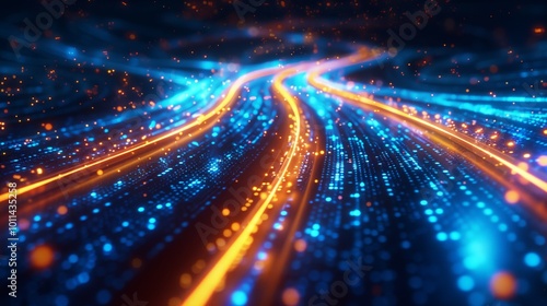 A digital highway with glowing lines representing data flow, surrounded by blue and orange lights on the sides of the road