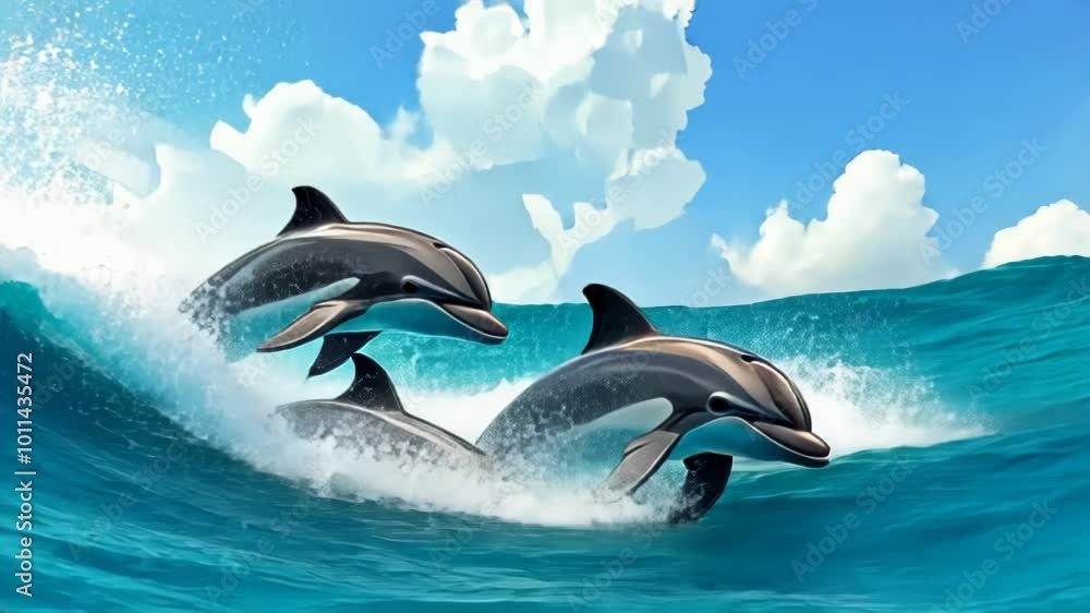 Four dolphins leaping through waves under a bright sky, showcasing their playful nature. Four dolphins leaping through waves under a bright sky, showcasing their playful nature.