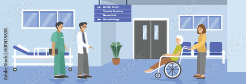 Doctor meet patient in the hallway. Doctor walking with nurse. Hospital direction sigh. Grandma in wheelchair. Patient check up in the hospital. Clinic corridor illustration. Nursing care. 