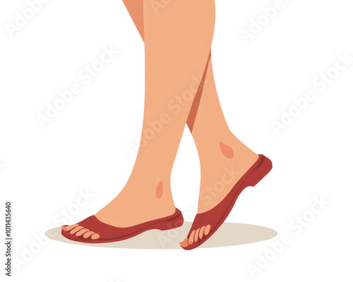 Feet in brown sandals, white isolate background