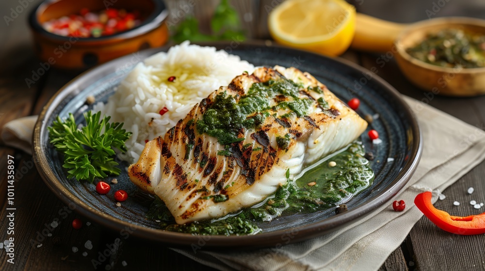 A trending food photo of a grilled fish fillet with white rice and green sauce on a dark plate, on a wooden table A trending food photo of a grilled fish fillet with white rice and green sauce on a dark plate, on a wooden table